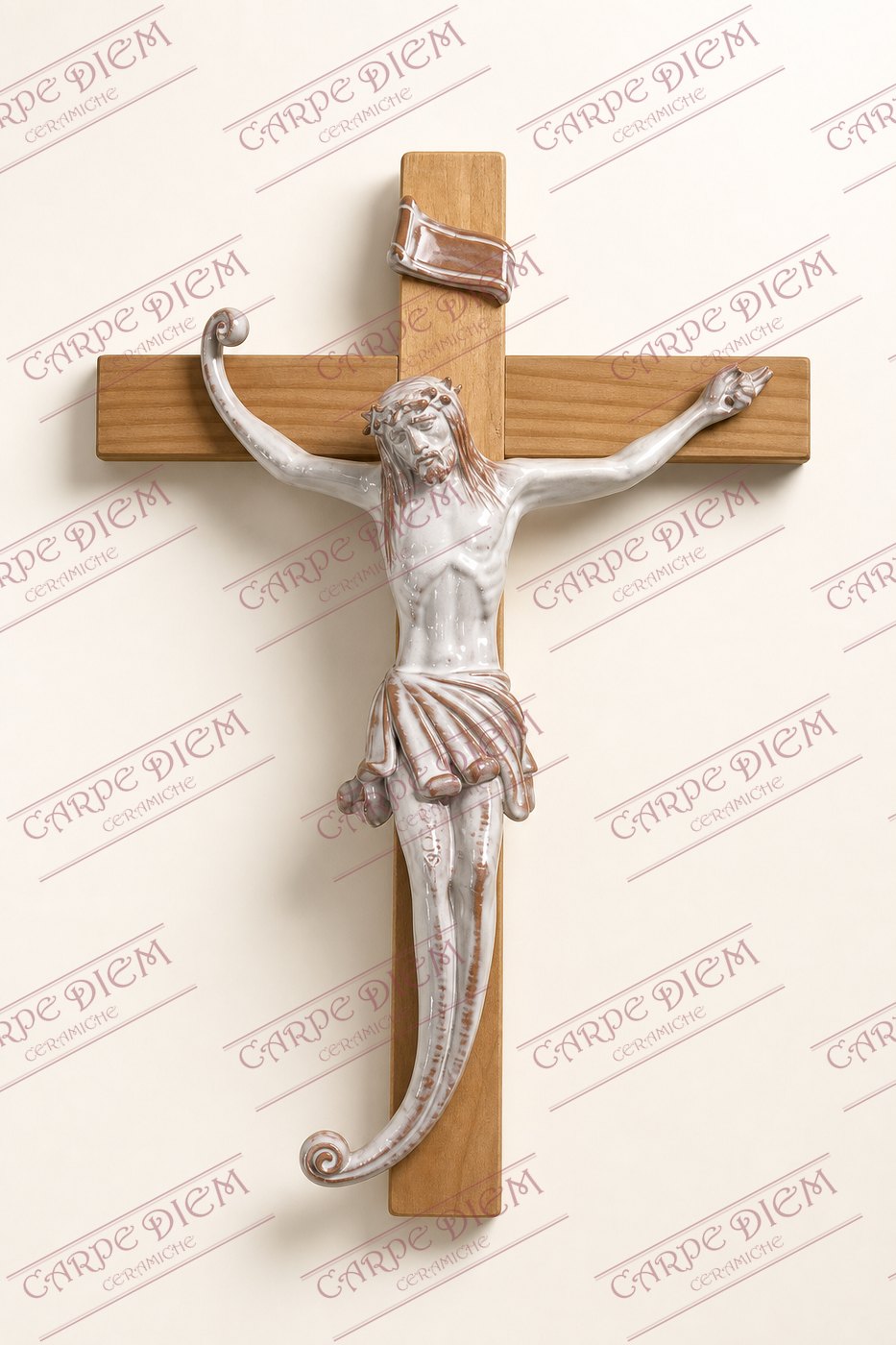 Crocifisso in ceramica e legno